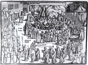 Il rogo dei resti di Martin Bucer (1491-1551) e Paul Fagius (1504-49) su Market Hill a Cambridge nel 1557, da 